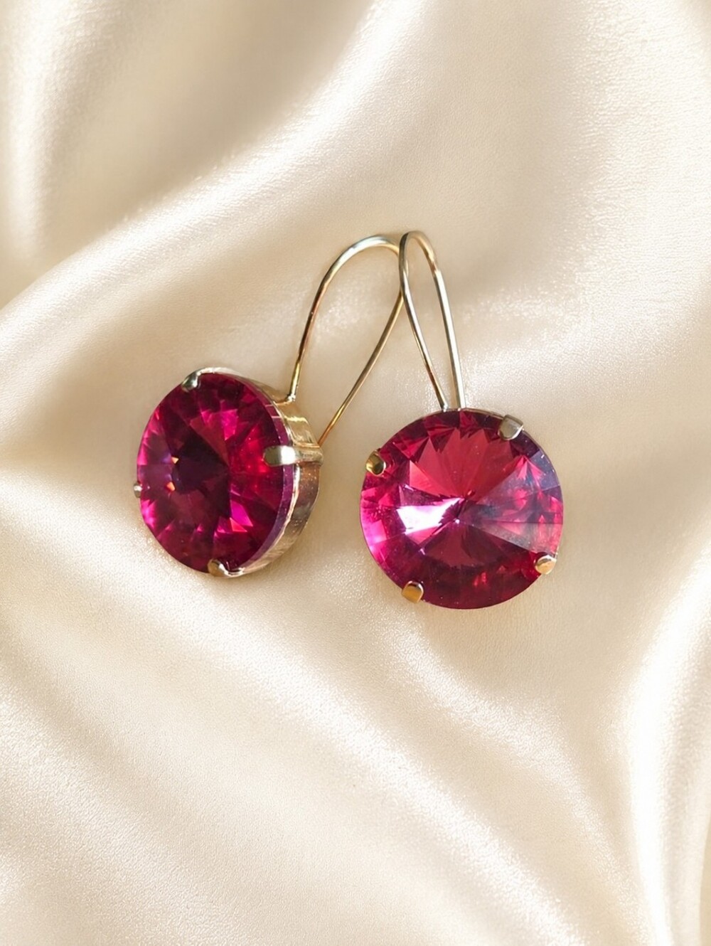 Vibrant Rose Pink Crystals on Gold Wire Drop Earrings | Handmade